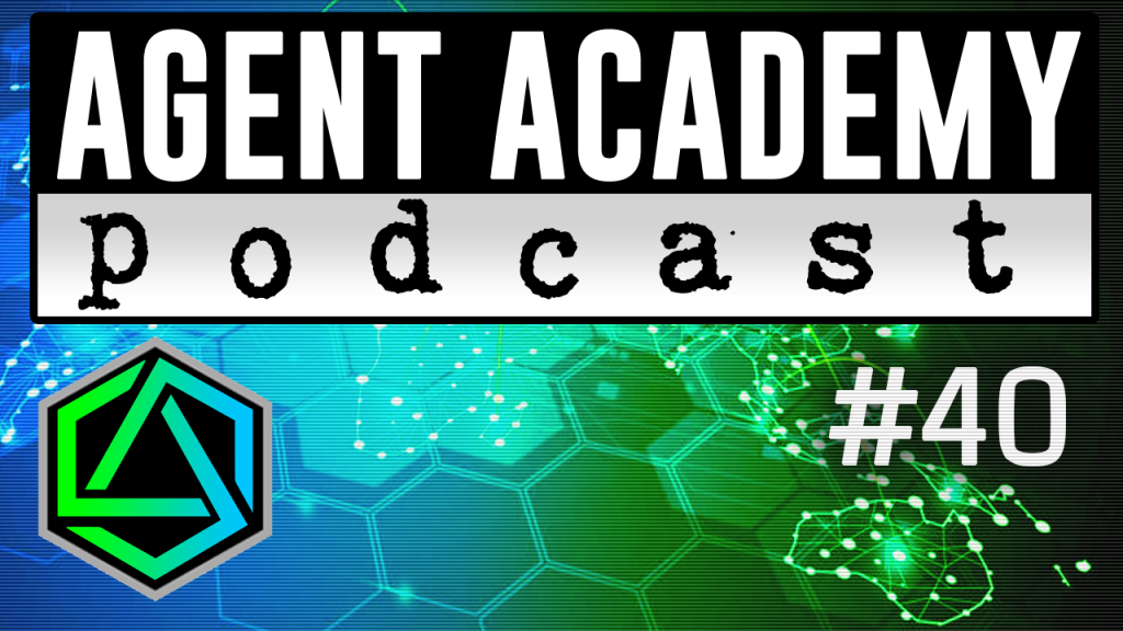 Podcast thumbnail - Agent Academy Podcast #40 - map of the earth with gradient from blue to green (a little more green than blue)